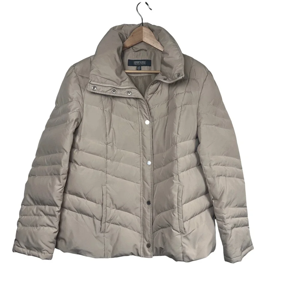 Kenneth Cole Reaction Womens Down Puffer Coat Beige XL Full Zip Quilted Pockets‎